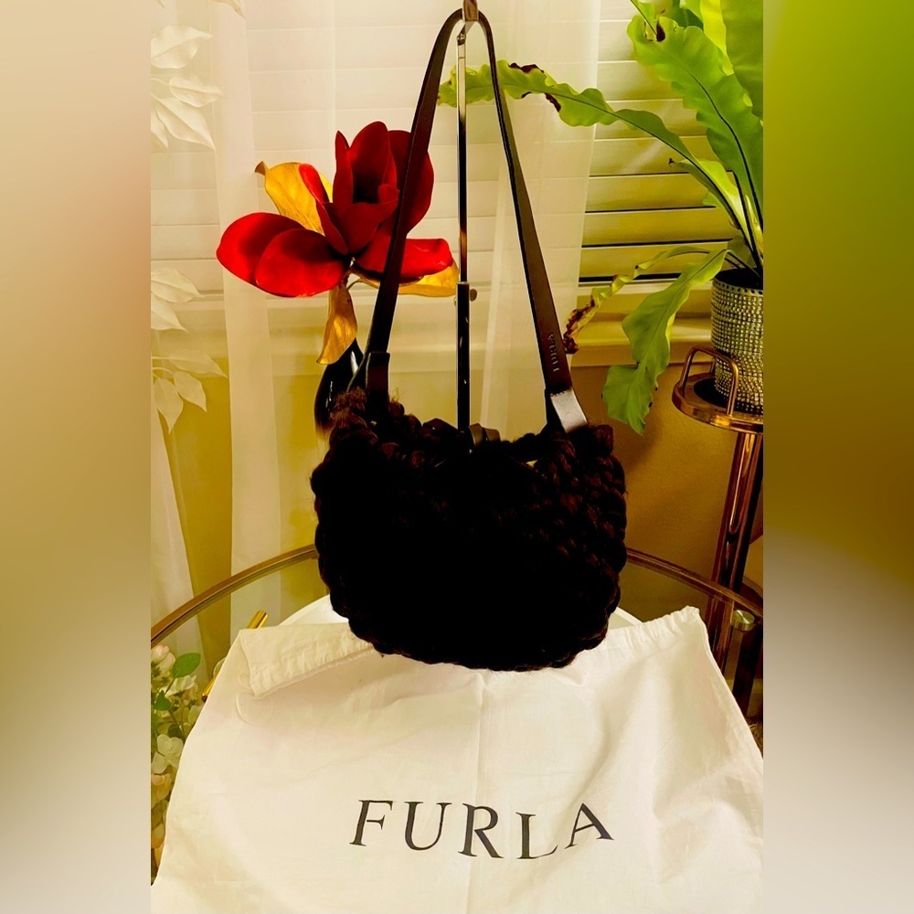 FURLA WOVEN WOOL HANDBAG & Half Moon Black Leather Clutch